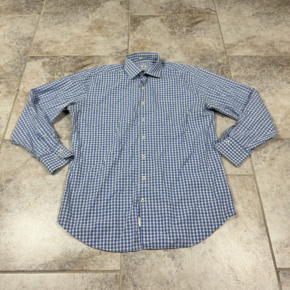 Peter Millar Button Up Shirt Mens‎ Large Blue Gingham Check Long Sleeve Casual